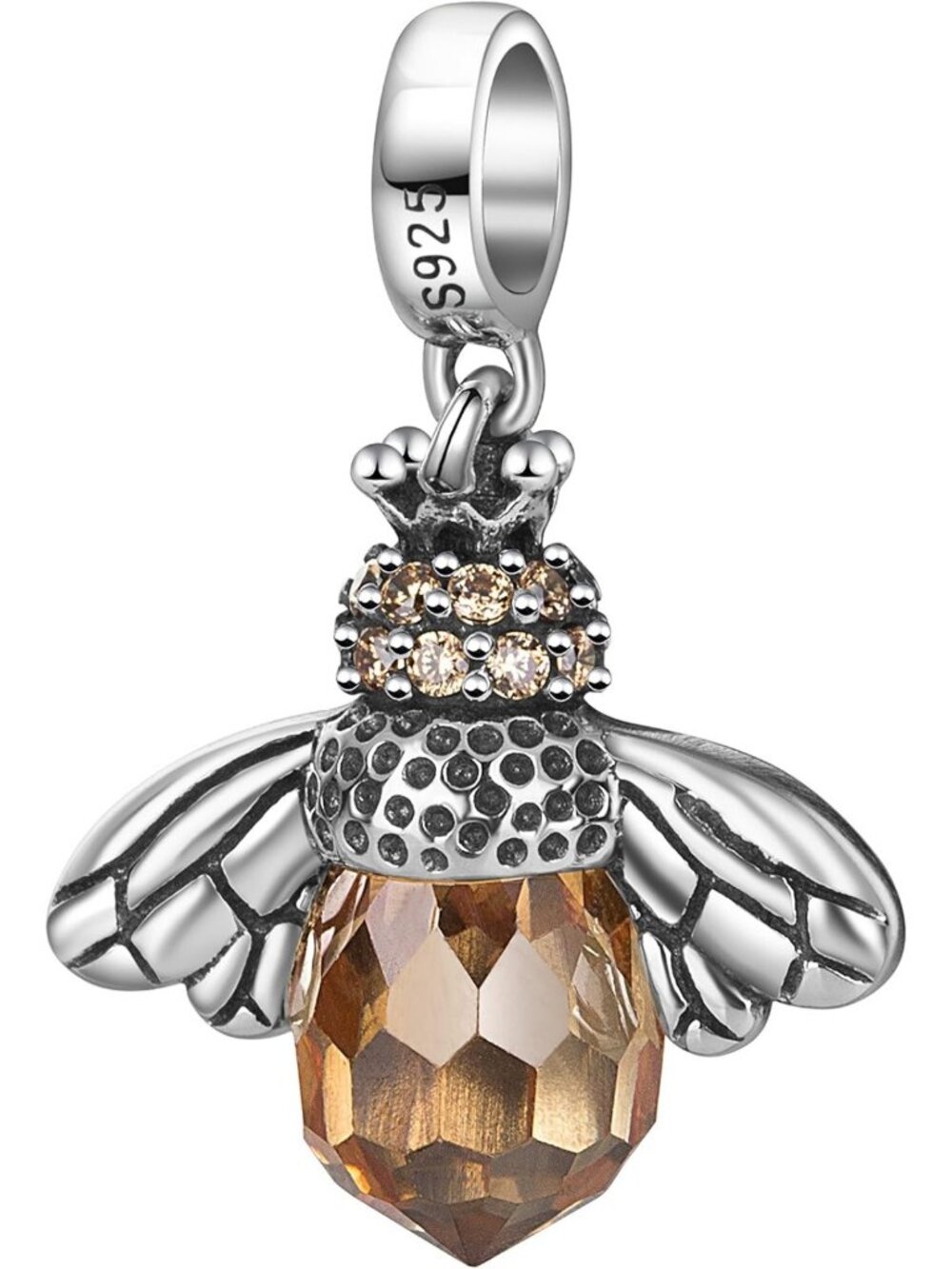 925 Sterling Silver Queen Bee Charm with Orange Crystal Pendant - Animal Jewelry